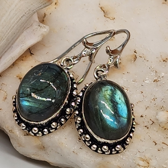 Natural Labradorite Stones Silver 925 Earrings - Picture 7 of 8